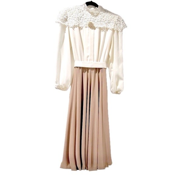 ππΌ URSULA OF SWITZERLAND ULTRA RARE 70s Cream Lace Tan Chiffon Maxi Dress Sz 10 - Picture 5 of 13